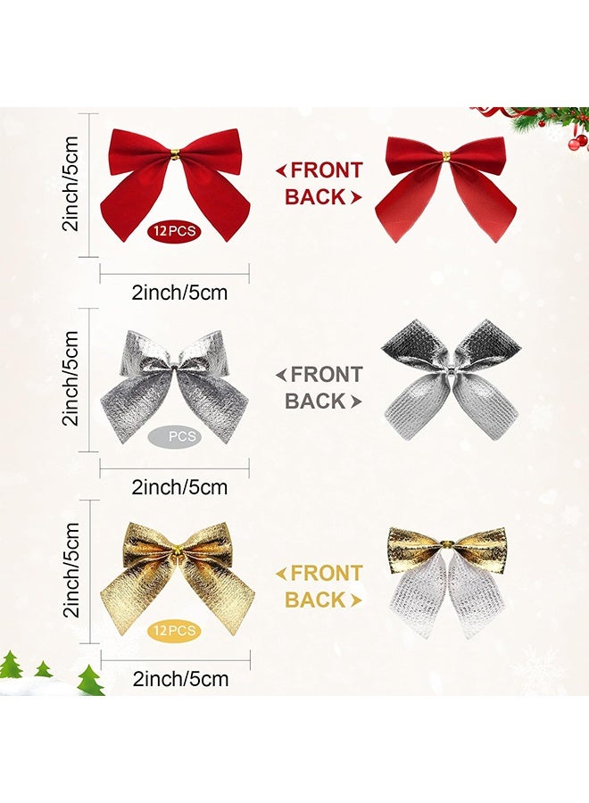 Ba Love 36 Pcs Christmas Bow Decorations for Christmas Tree, Wreaths Bows, Xmas Decorative Bows Ornaments for Home Christmas Party, Christmas Glitter Tiny Bows for DIY Crafts Ornaments (Red, Gold, Sliver) - Image 2